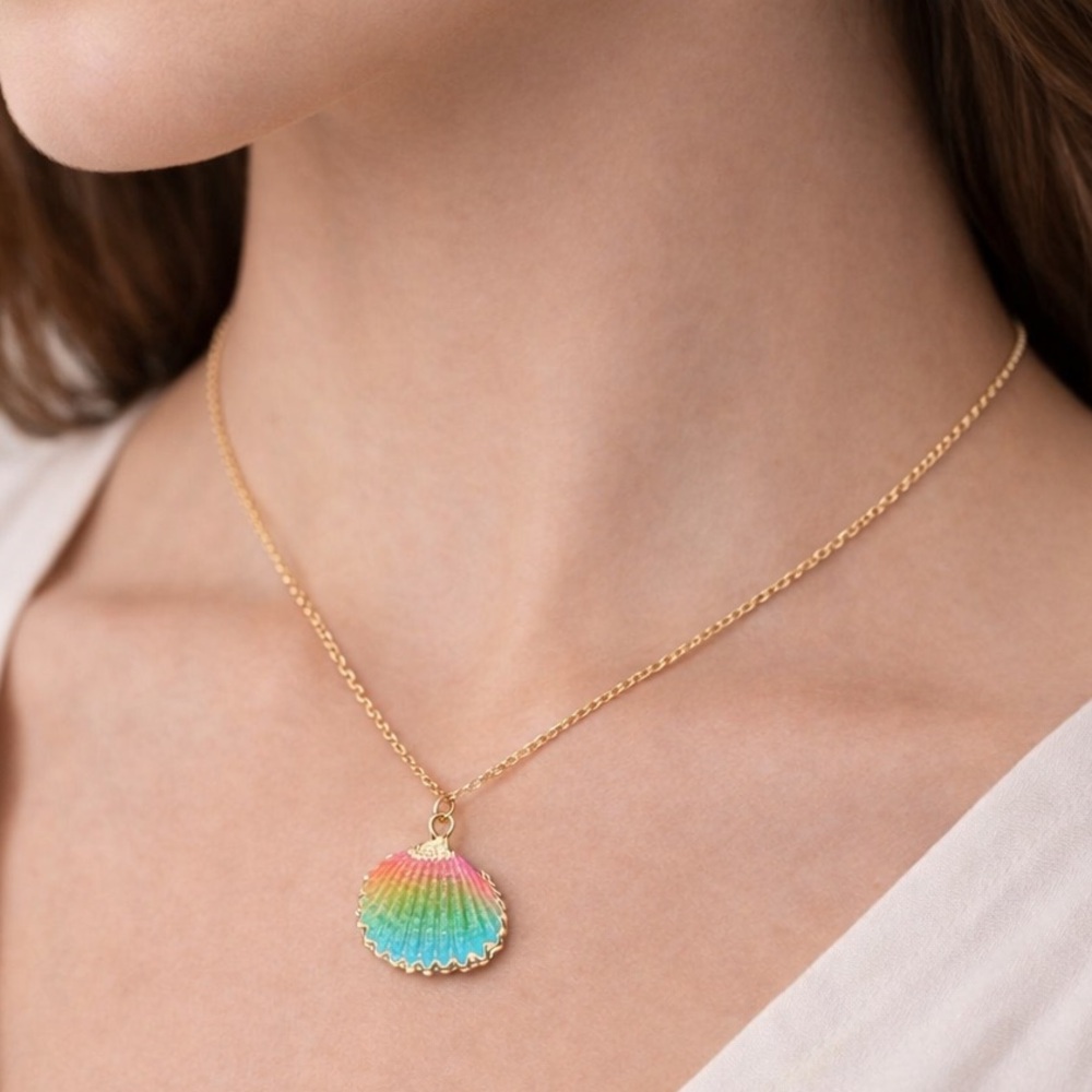 Rainbow Scallop Shell Necklace Mermaid Ombre Pendant